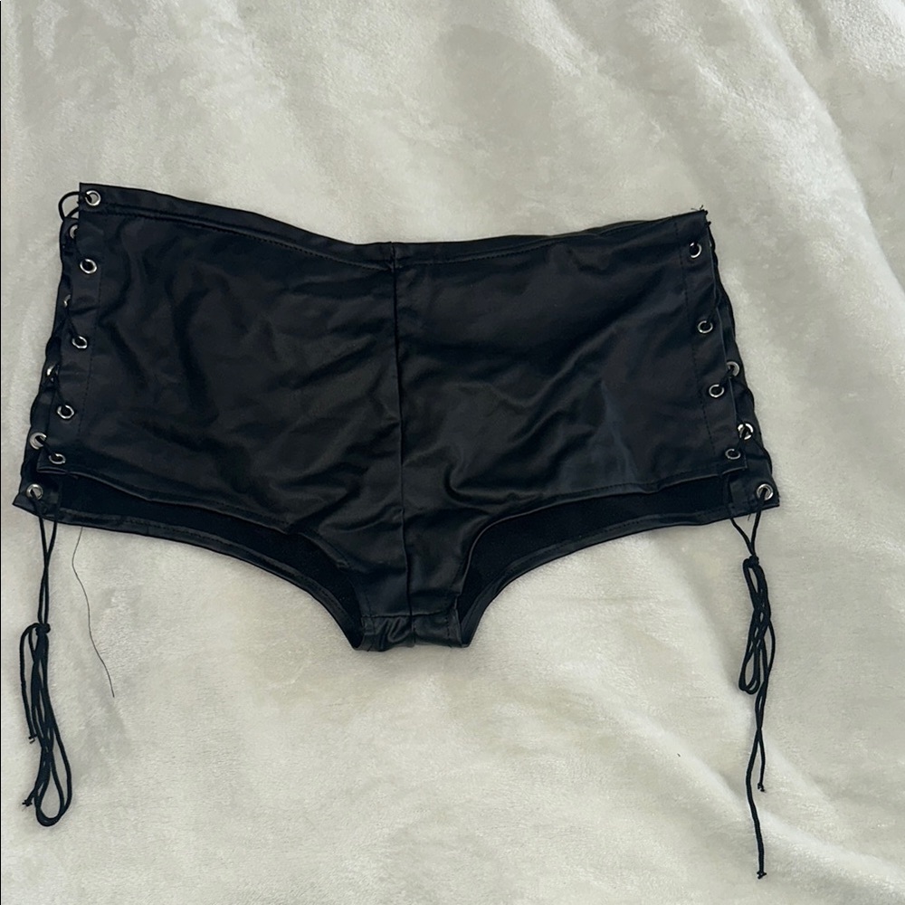 Black Lace-Up Faux Leather Shorts